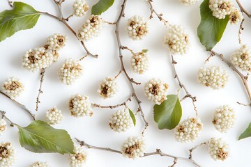 Wall Mural - White mulberry branches on white background. Flat lay, top view