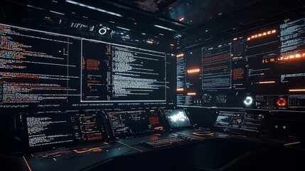 Cyber futuristic coding interface dark themed digital workspace lines of code and algorithmic structures in an AI driven environment