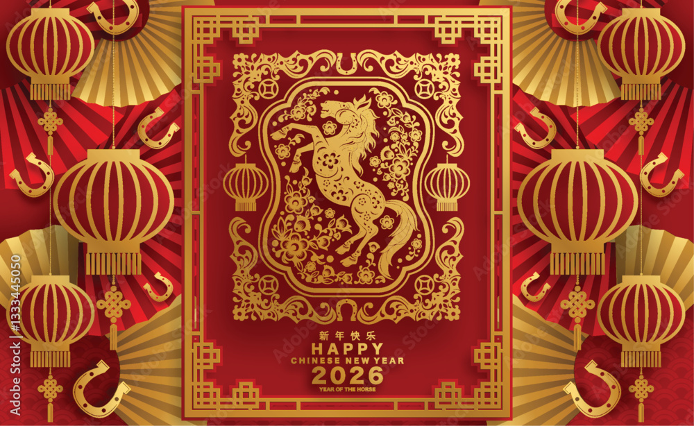 Happy chinese new year 2026 the horse zodiac sign with flower,lantern,asian elements red and gold color paper cut style on color background. ( Translation : happy new year 2026 year of the horse )