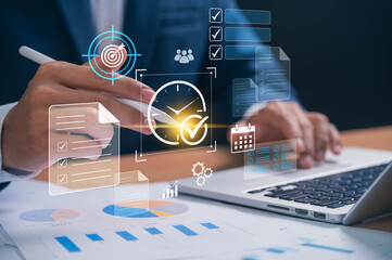 Poster - Time management and productivity planning. businessman working on a laptop with clock, checklist, and calendar, symbolizing business planning, task management, and effective goal setting.