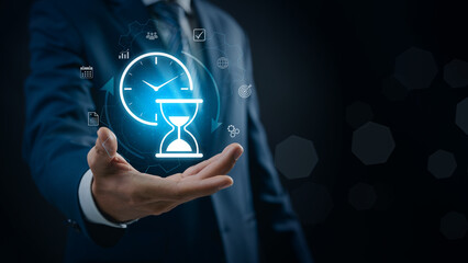 Poster - Time management and productivity improvement concept for business and personal success, featuring clock and hourglass icons for effective task scheduling, goal achievement, and planning.