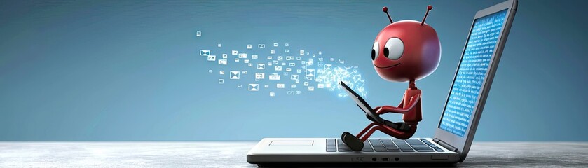 Robot using laptop, data streams, blue background, tech concept