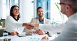 © peopleimages.com - Happy, business and people in meeting with handshake for welcome, partnership and financial agreement. Staff, thank you and documents with investment deal, proposal negotiation and b2b of opportunity
