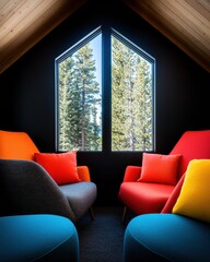 Poster - Geometric Alpine Retreat Vibrant Contemporary Lounge Design with Panoramic Forest Views - Immersive Architectural Wellness Experience in Modern Mountain Sanctuary