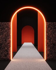 Aufkleber - Futuristic Portal Design Immersive Digital Gateway with Neon Orange Arch and Minimalist Concrete Pathway - Innovative Tech Space Visualization for Metaverse Branding