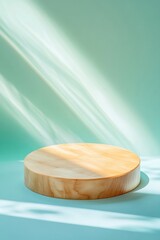 Poster - Minimalist Nordic Design Natural Maple Podium with Ethereal Light Trails - Sustainable Product Display for Modern Creative Branding