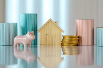 Poster - Strategic Wealth Visualization Minimalist Investment Portfolio with Pastel Ceramic Blocks, Wooden House, and Golden Coins - Modern Financial Planning Insight