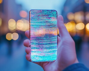 Leinwandbilder - Digital Horizons Immersive Holographic Smartphone Interface Revealing Next-Gen Tech Aesthetics in Vibrant Urban Connectivity Experience