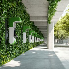 Aufkleber - Urban Green Mobility Revolution Eco-Integrated Electric Vehicle Charging Corridor Showcasing Sustainable Infrastructure Design and Innovative Urban Landscape Architecture