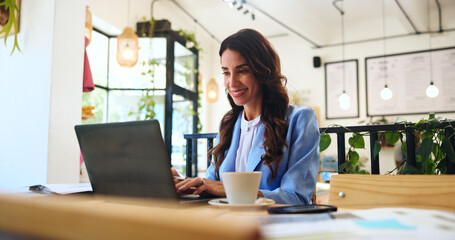 Poster - Happy, business and laptop with woman in cafe for typing, remote worker and research. Planning, client feedback and online review with female person in coffee shop for email, idea and update