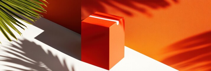 Aufkleber - Minimalist Geometric Product Showcase Vibrant Orange Cube with Tropical Palm Shadow Play - Contemporary Design Aesthetic for Brand Marketing and Visual Storytelling