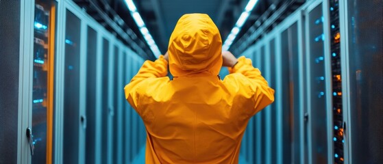Fototapete - Quantum Cybersecurity Visualized Next-Gen Data Center Expert in Vibrant Yellow Navigating Digital Infrastructure with AI-Powered Network Resilience