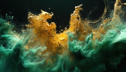 Poster - Abstract Gold and Green Paint Explosion on Black Background
