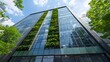 © ChrisTYCat - A modern energy efficient green building with sleek minimalist design featuring large glass windows and a living verdant facade that blends nature and architecture