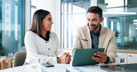 Poster - Happy, teamwork and people with tablet, business and review of ad campaign performance or media buyer. Collaboration, smile and tech for digital marketing in office, website and discussion in meeting
