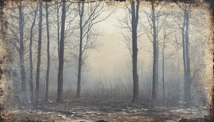 Wall Mural - misty winter forest scene: pale grey and brown trees in a soft, muted light
