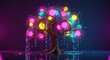 Neon Glowing Tree with Water Cascade: Abstract Digital Art