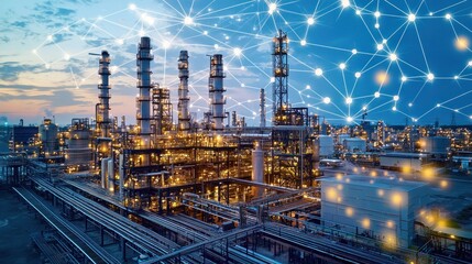 The industrial plant at dusk features connected network displays
