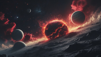 Dark and Dramatic Space Landscape with Fiery Planets and Cosmic Storms