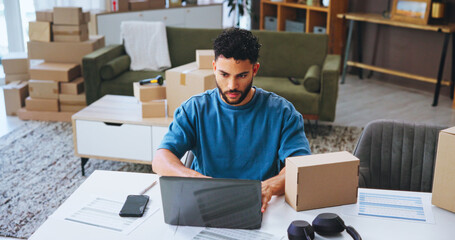 Aufkleber - Businessman, boxes or logistics with laptop for small business distribution or remote work at home. Male person, distributor or supplier with computer, documents or packages for supply chain service