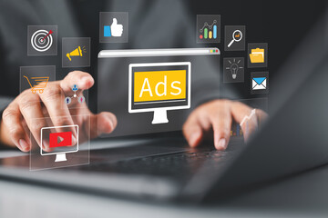 Poster - Online Advertising Concepts To Target Customers, Man Influencer Marketing Social media, shooting in-feed ads across platforms, optimizing customer reach rates, future online advertising.
