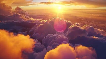 Wall Mural - breathtaking view of vibrant sunset above fluffy clouds, casting warm hues across sky with sun rays 
