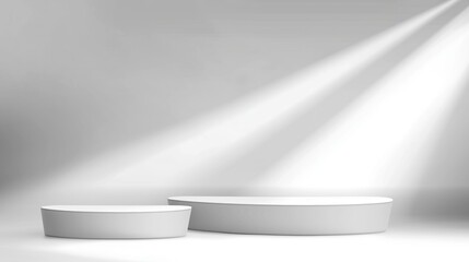 Poster - Minimalist white background with soft shadows and sun rays creating a serene atmosphere. Ethereal lighting design in a high-resolution sunlit room, perfect for product display and branding concepts.