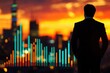 © Sena - Businessman contemplates city skyline at sunset, overlaid with financial charts showing growth and progress.