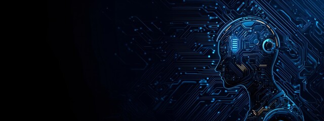 artificial intelligence concept with human head profile and circuit board patterns. digital technolo