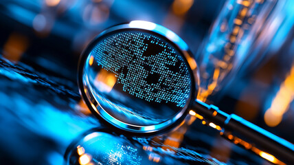 A Detailed IT Security Risk Assessment Concept Depicted with a Magnifying Glass Focused on Digital Binary Code in an Abstract Technological Atmosphere, Symbolizing Scrutiny and Protection  
