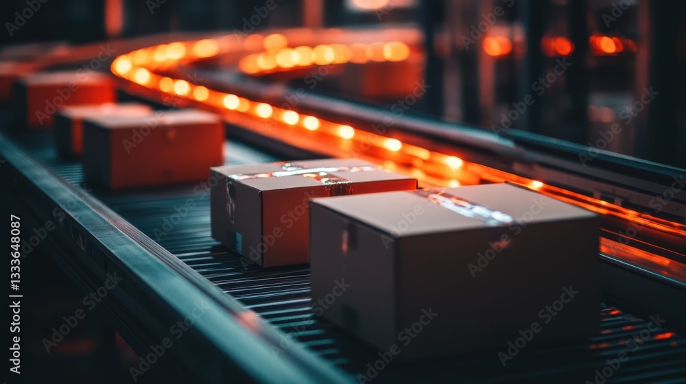 An automatic package sorting conveyor system in a warehouse illuminated ...