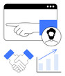 © robu_s - Hand pointing in browser window with avatar profile, handshake, and ascending bar chart. Ideal for teamwork, collaboration, leadership growth, networking, user engagement, online connections flat