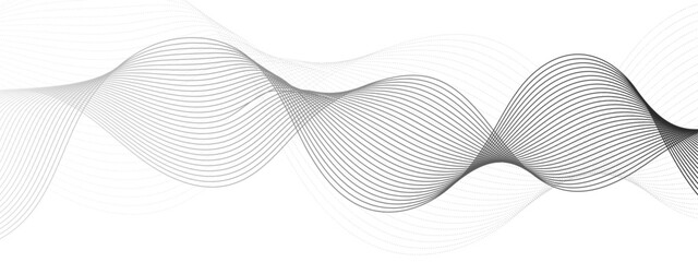 Poster - Abstract black and white vector wave background. Wavy grey stream element with frequency sound wave lines, technology, data science, business wave line background. Curved wavy line smooth stripes. 