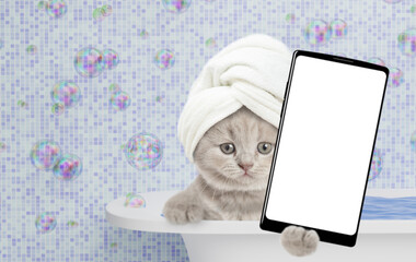 Fototapete - Cute kitten with towel on it head takes the bath at home and shows big smartphone with white blank screen in it paw. Empty space for text