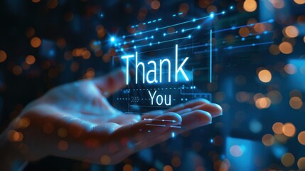 Digital Thank You:  A Glowing Holographic Message of Gratitude in a Hand