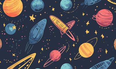 Wall Mural - colorful hand drawn space adventure with planets and spaceships vector