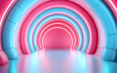 Canvas Print - pink and blue neon glowing tunnel with cyber waveforms
