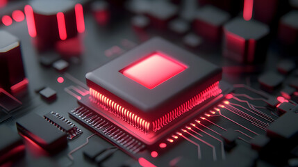 Wall Mural - red glowing microchip on dark circuit board