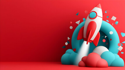 Wall Mural - red white and blue rocket launching from red background