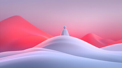 Canvas Print - serene pink and blue sunset landscape with minimalist figure
