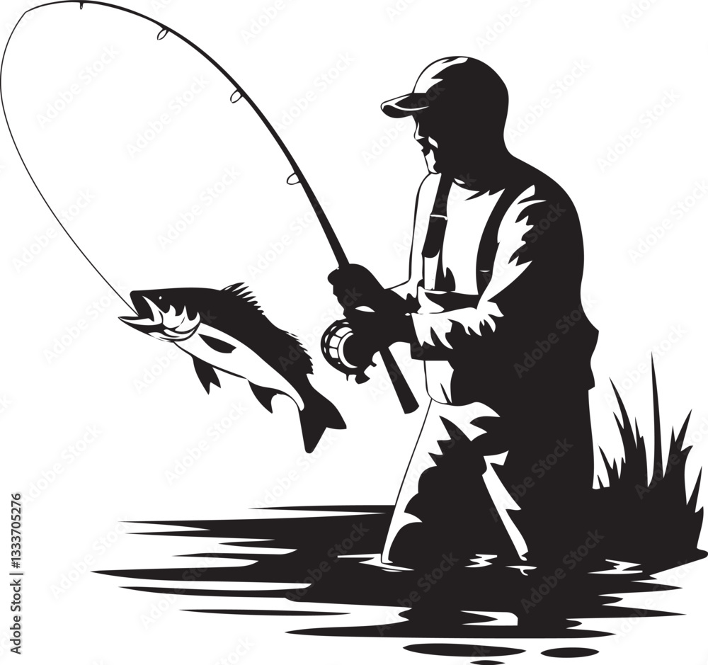 A powerful, black and white silhouette of a fisherman reeling in a fish.