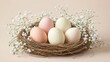 © fivan - A delicate Easter nest with pastel-colored eggs surrounded by white Gypsophila sprigs, isolated on a soft beige background