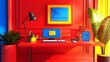 © AI BACKGROUND & ART - Vibrant Red Workspace with Computer Email Icons and Stylish Desk Accessories