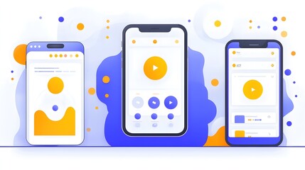 Mobile App Interface Design Three Smartphones Displaying Video Streaming and Media Player UI