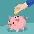 © Thayamon Digitalart - Illustration of a hand putting a gold coin with a dollar symbol into a piggy bank, conveying the concept of saving money.