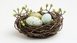 © Marry93 - A nest made of intertwined twigs with tiny green buds, cradling pastel-colored eggs, softly illuminated on a textured white background