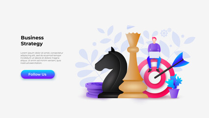 Aufkleber - Vector design representing business strategy through elements like chess pieces, a target with an arrow, and modern digital elements.
