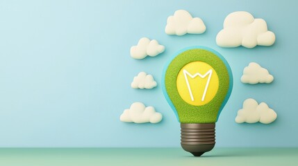 Wall Mural - creative concept with green light bulb surrounded by clouds on blue background, representing innovat