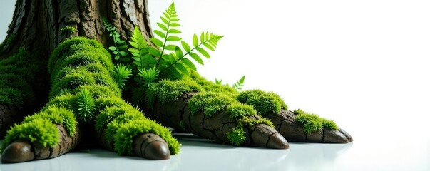 Ferns and moss growing on tree trunk on white surface, natural world, plants, botanical