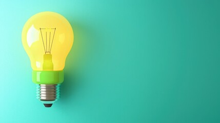 Wall Mural - yellow light bulb on turquoise background representing innovation and creativity.